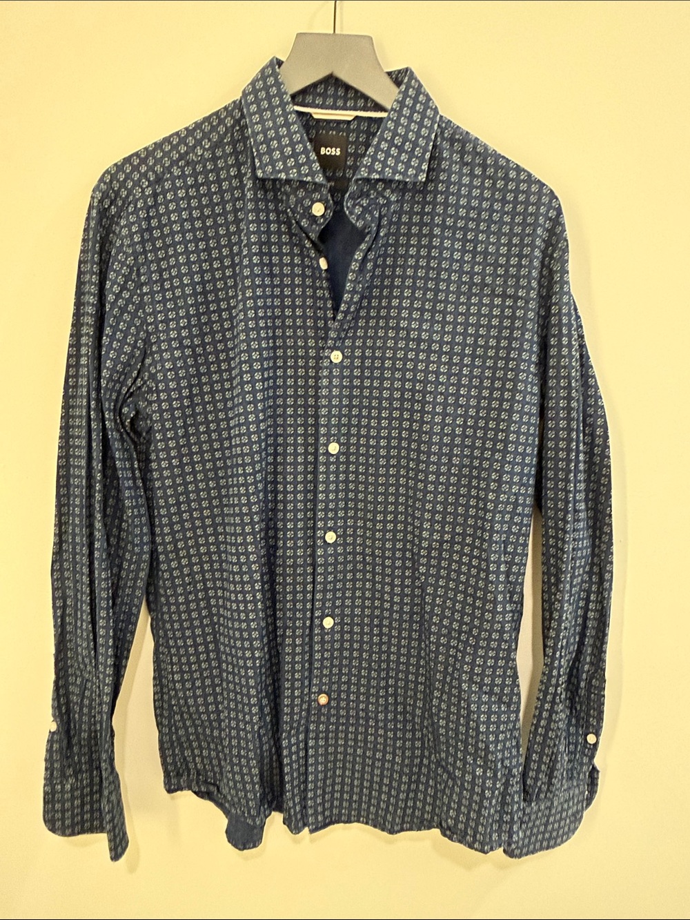 BOSS Men's Navy Blue Micro-Pattern Button-Down Shirt